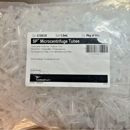 Close-up of Cardinal Health SP Microcentrifuge Tubes, 1.5 mL, natural color, with flat snap caps, arranged in a case of 5000, model C1300-29, for laboratory use.