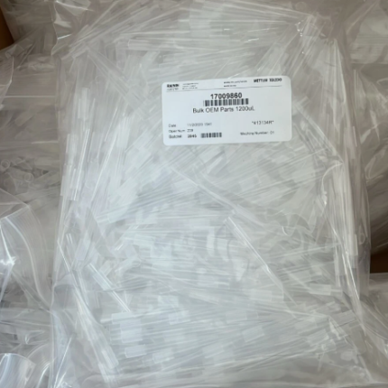 Close-up of a bag containing Rainin #17009860 OEM bulk 1200 ul pipette tips, 10x1000 tips per bag, neatly packed in a cardboard box.