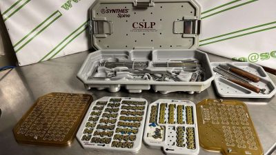 High-quality Synthes Spine CSLP Cervical Spine Locking Plate Set — comprehensive instrument + implant tray for anterior cervical fixation.