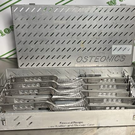 OSTEONICS OmniFit Femoral Rasp Set & Sterilization Case – Complete Tray (Used Surgical Orthopedic Instrument)