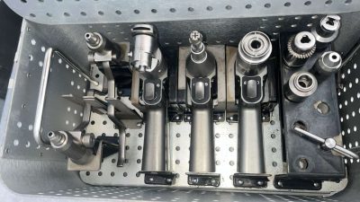 Stryker System 6 Power Drill Set in sterilization case 6102-454 – top view

Stryker System 6 handpieces and drill attachments inside case – orthopedic surgical kit