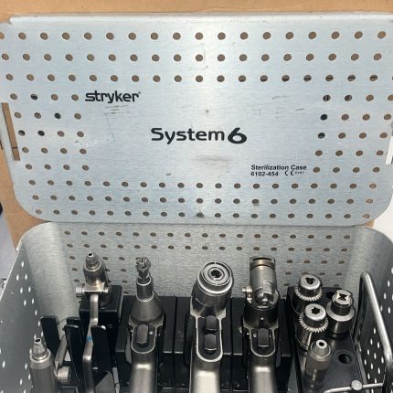 Stryker System 6 surgical drill set top case view System 6 handpieces & drill attachments inside sterilization case Stryker 6102-454 orthopedic drill power tools set