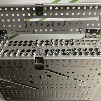 Synthes 7.3mm Cannulated Screw Set – Sterilization case fully loaded with assorted 7.3mm long & short thread cannulated screws for orthopedic trauma fixation, ready for surgical use.  $2,950.00  Or be