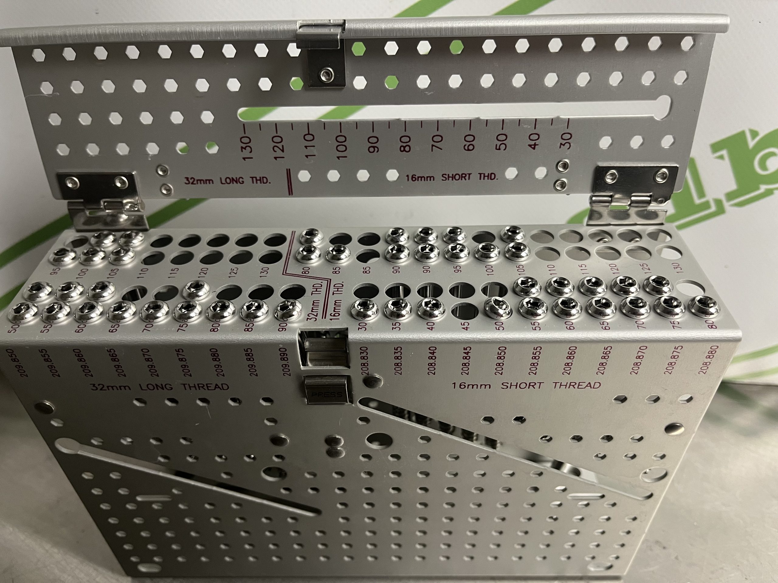 IMG_6329.jpg Synthes 7.3mm Cannulated Screw Set – Sterilization case fully loaded with assorted 7.3mm long & short thread cannulated screws for orthopedic trauma fixation, ready for surgical use. $2,950.00 Or be